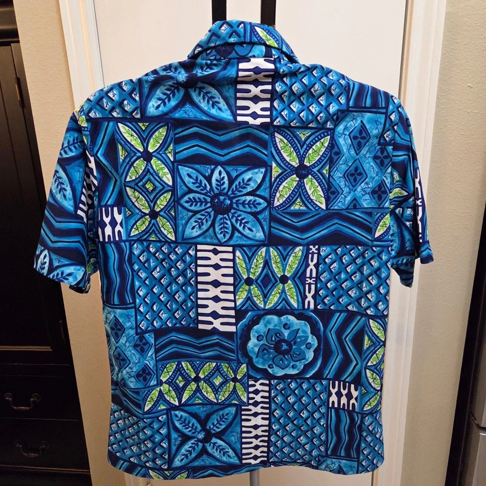 Vintage Malihini Hawaii Blue Green Geometric Patchwork Aloha Shirt Short Sleeve